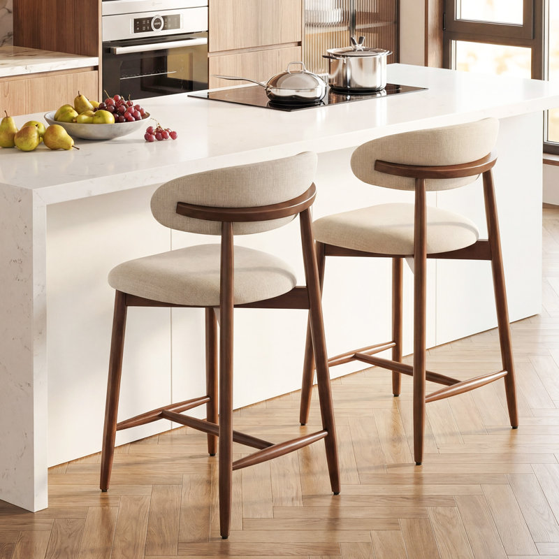 Tabouret de comptoir rembourrÃ© de 25 po avec dossier incurvÃ© et piÃ¨tement en bois massif, Beige, 2