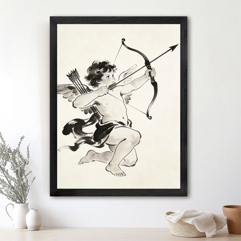 Reproduction d'art encadrée noire "Cupidon tenant un arc et une flèche", impression sur le thème de la Saint-Valentin