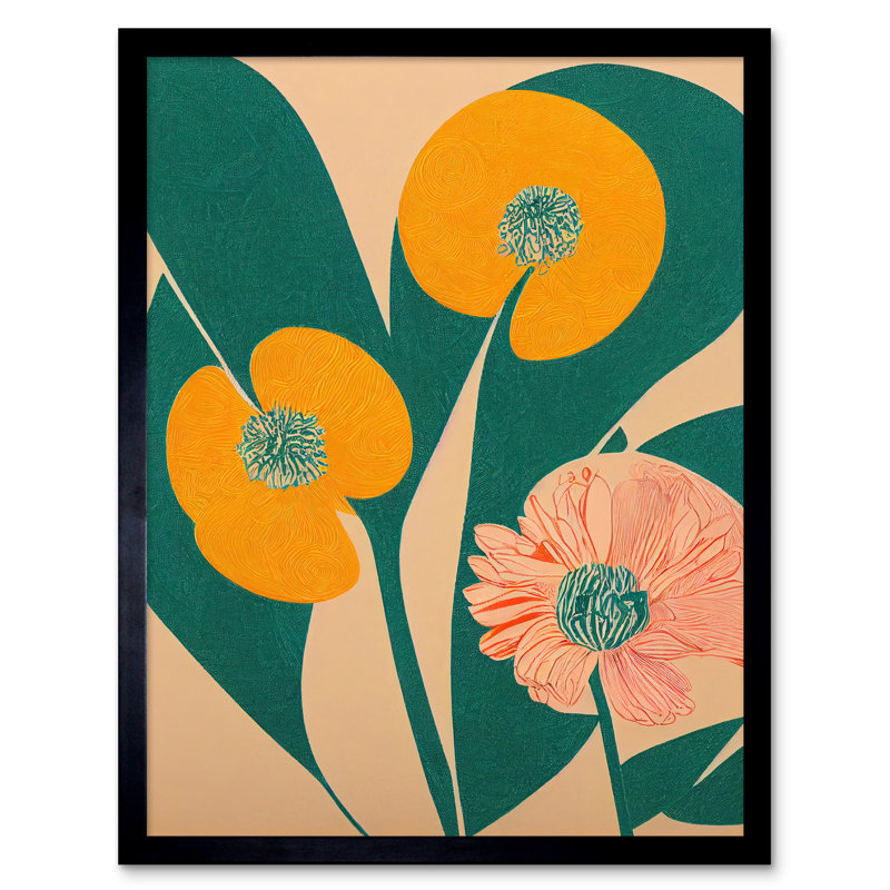 California Poppy Flower Turquoise Leaves 1 Piece Single Picture Frame Wall Art