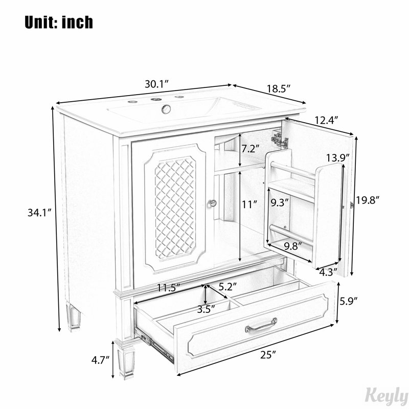 Meuble-lavabo 30 po avec lavabo style rétro, Blanc