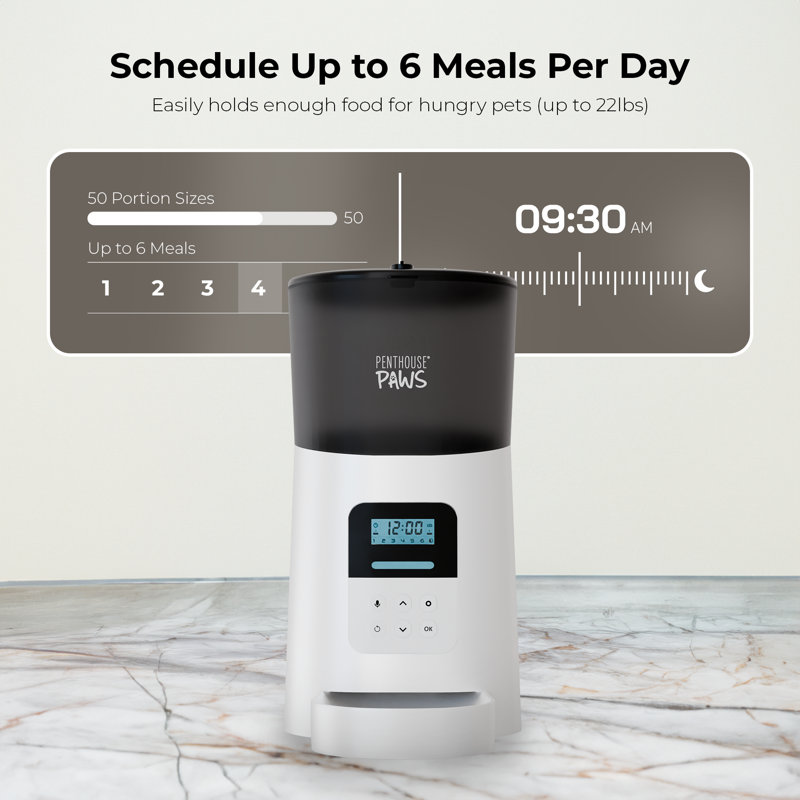 Penthouse Paws® Smart Automatic Dog Feeder with LCD screen– 6L Capacity, App-Controlled, Voice Recorder, Anti-Jam, Battery Backup