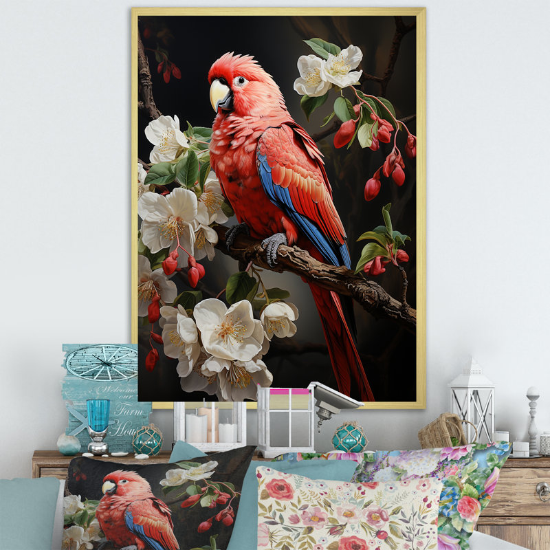 " Red Parrots Lively Radiance ", Gold Single Picture Frame, 20" H x 12" W x 1" D