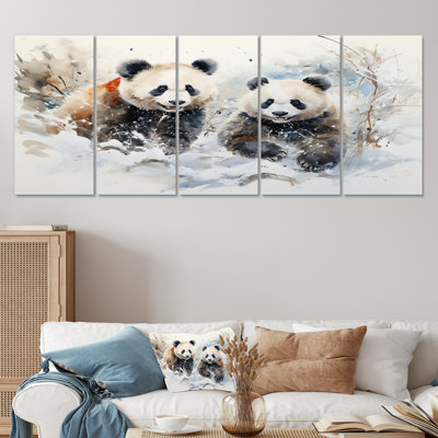 Panda Playing In Winter Landscape - Bear 5 Piece Wall Art