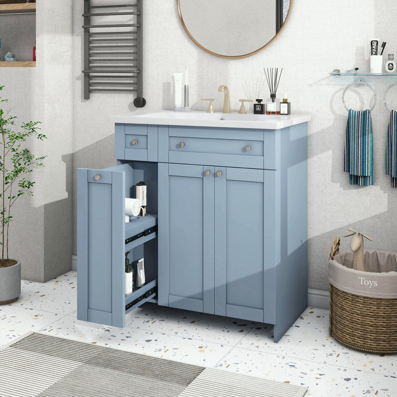 Meuble-lavabo de salle de bain avec lavabo en céramique, 2 portes à fermeture douce et tiroir profond à deux niveaux, Bleu