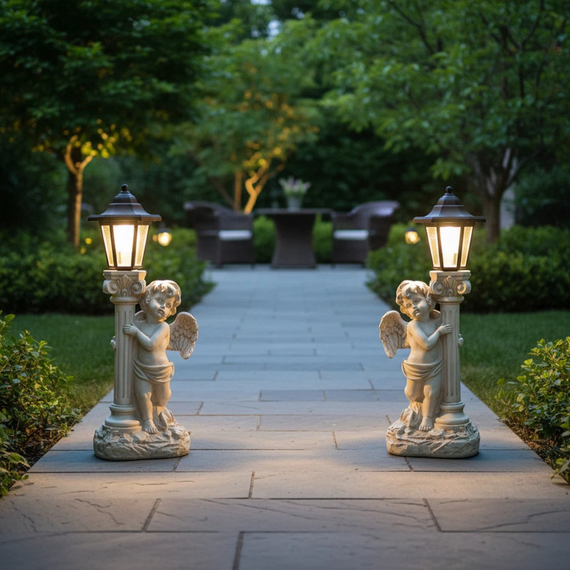 Angel Lamp Column Statue Set