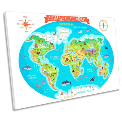 Animals Of The World Map Turquoise - Wrapped Canvas Print