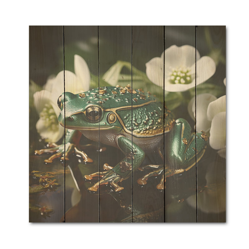 «Green Frog On Glass Effect - Frogs & Toads», art mural sur bois de pin naturel, H 15 po x l 15 po