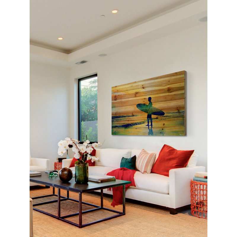 «Surf at Dusk» par Parvez Taj - Peinture sur bois, H 12 po x l 18 po x P 1,5 po