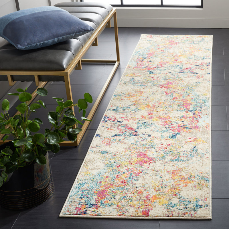 Tapis ivoire / bleu / rouge en coton / polyester / polypropylène à tissage plat Caternia, Tapis de couloir 2 pi 2 po x 8 pi