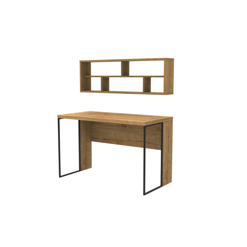 Traudel Writing Desk With Wall Shelf, Oak
