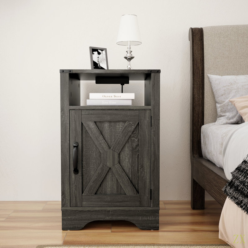 Table de chevet Farmhouse, table de bout rustique en bois, grande table de chevet avec prises de courant, Gris foncé