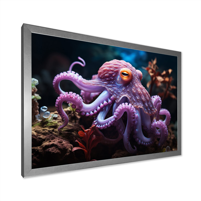 Pieuvre mauve, rencontre mystique sur toile, H 12 po x l 20 po x P 1 po, Cadre simple argenté