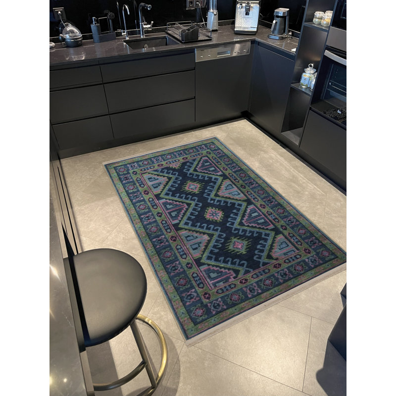 Tapis décoratif rétro multicolore à motifs foncés et à motifs frangés, Rectangle 4 pi 7,12 po x 6 pi 6,74 po