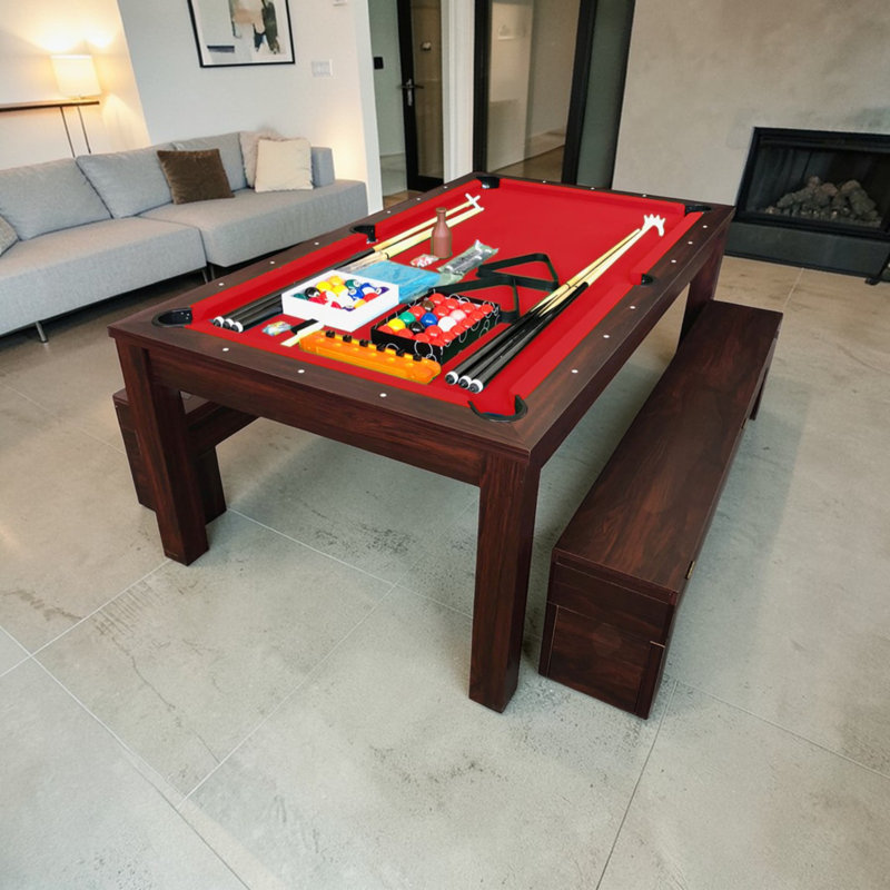 Table de billard convertible 7 pieds avec dessus de salle à manger, bancs de rangement et accessoires complets RICH, Rouge