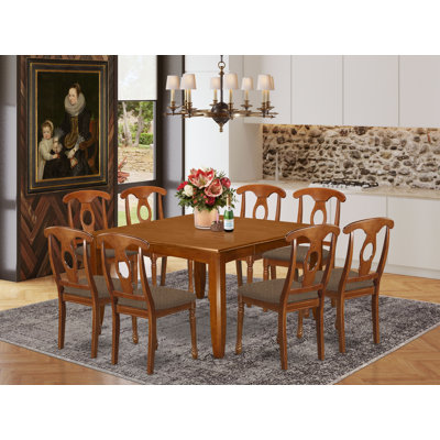 Ensemble de table et chaises de cuisine 9 pièces comprenant une table de salle à manger carrée avec rallonge papillon et 8 chaises de salle à manger en tissu de lin, brun 54 po x 54 po