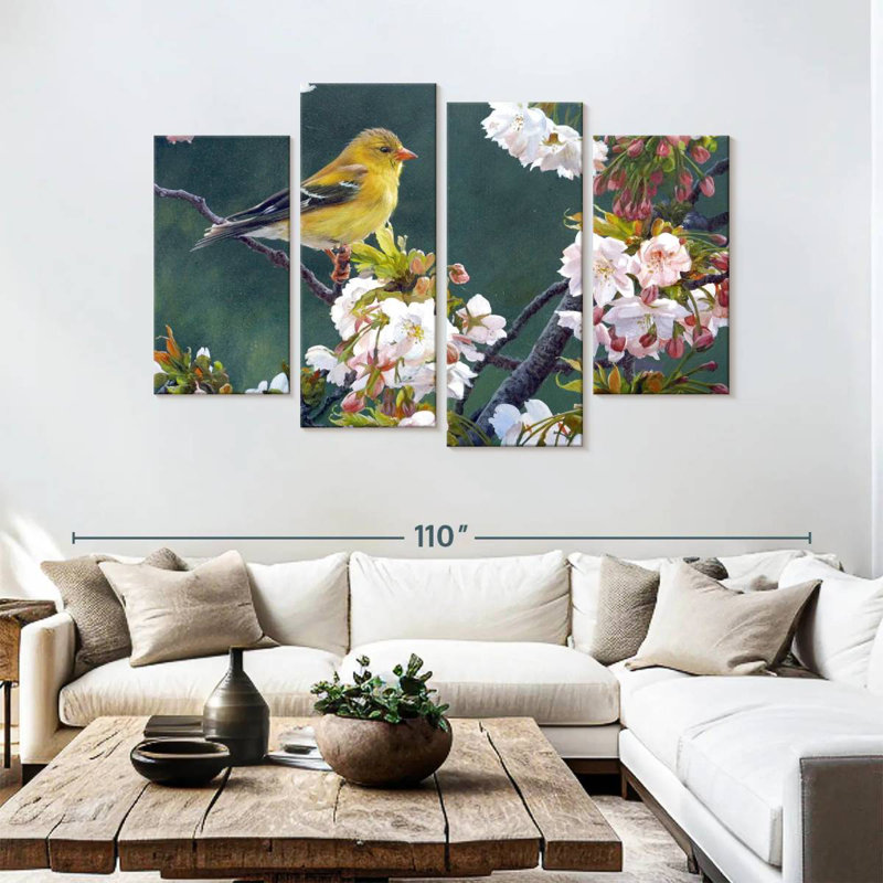 Female Goldfinch And Blossoms