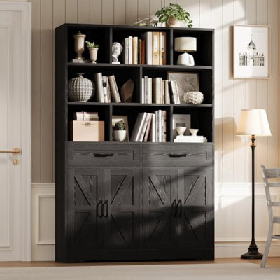 71in Tall Bookcase with 2 Drawers & 4 Doors, 6-Tier 47in Wide Large Modern Bookshelf and Bookcase Storage Cabinet