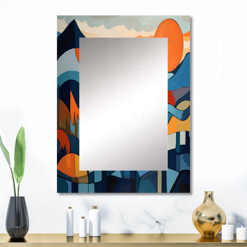 Mid Century Perspectives II - grand miroir mural moderne Mid-Century, miroir unique bleu, impression d'art en métal