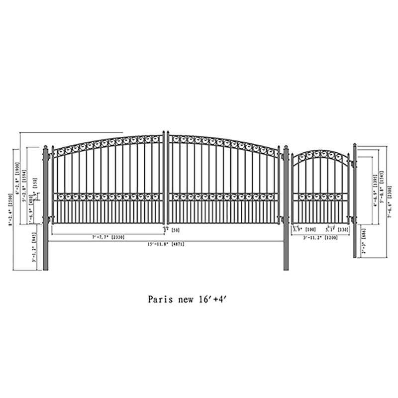 Barrière battante en métal avec porte piétonne H 6 pi., H 74,8 po x l 239,4 po