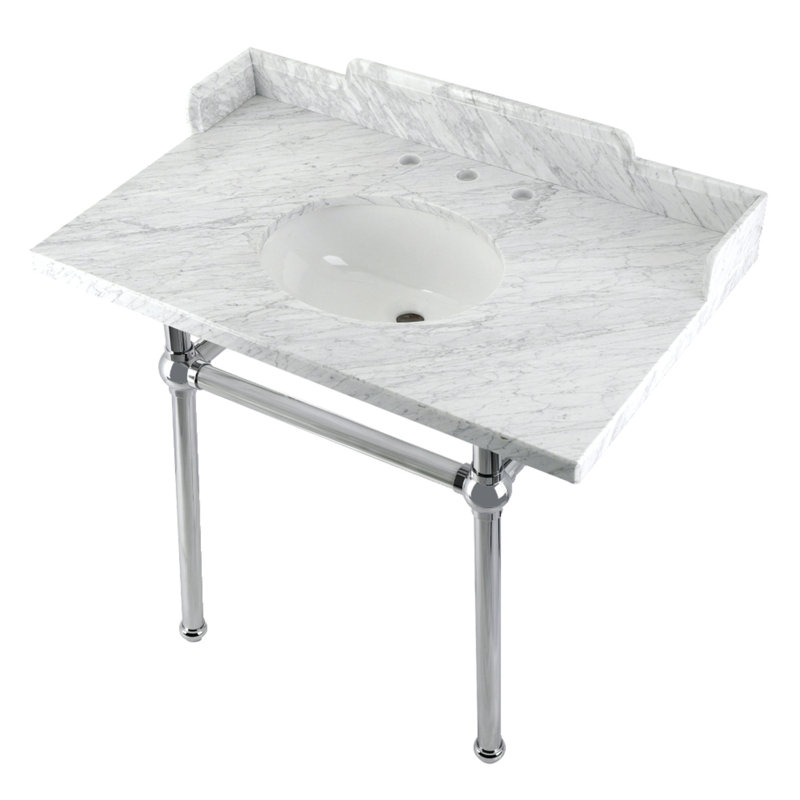 Kingston Brass Pemberton 36-Inch Carrara Marble Console Sink with Brass Legs (8-Inch, 3-Hole), Marble White/Polished Chrome
