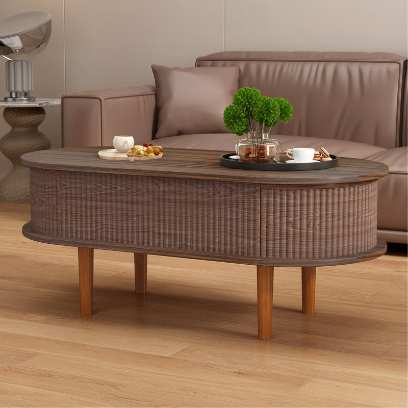 Table basse cannelée à plateau relevable avec compartiment caché, table centrale en bois, plateau de table ovale moderne pour le bureau de salon à domicile