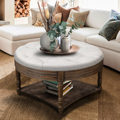 Large Round Coffee Table With Water- Surface And Storage - Linen   Grey Spacious Shelf , Linen, Waterproof