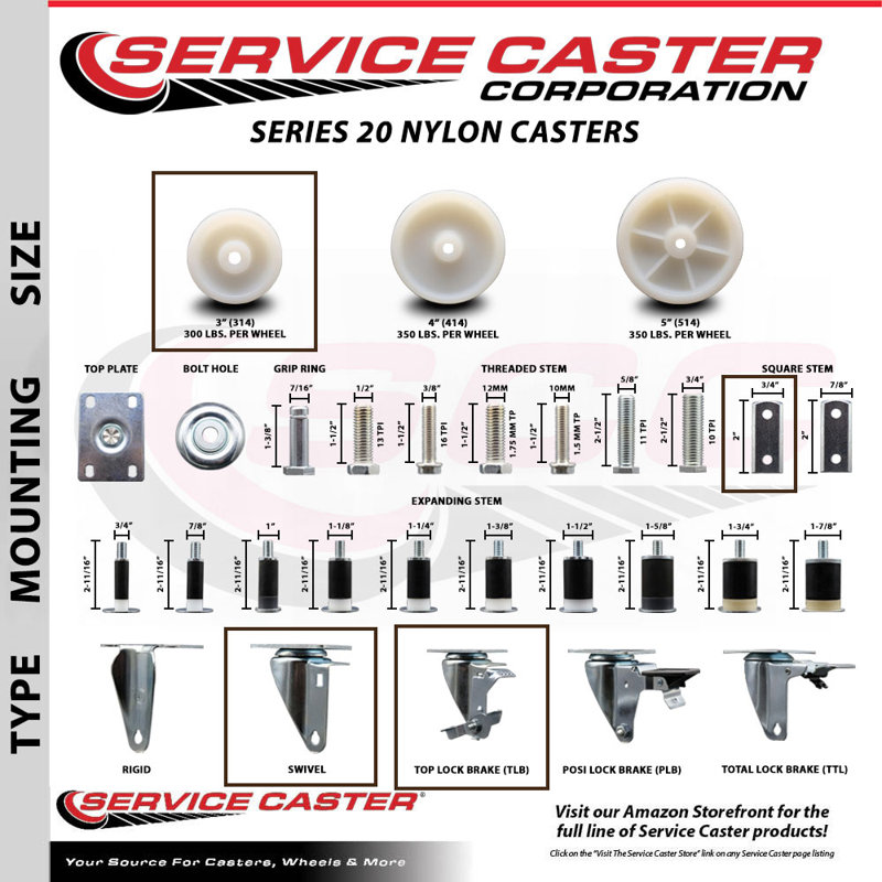4 Piece Nylon Wheel Caster Set, 7/8" square stem