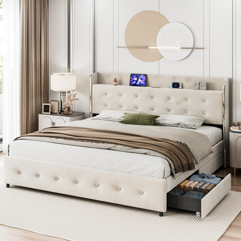 Structure de lit tapissier avec 4 tiroirs, structure de lit capitonnée avec station de charge, Beige, Double