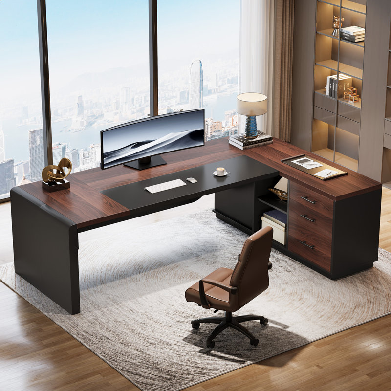 Bureau de direction en L 80,71 pouces, grande table de bureau avec classeur, null