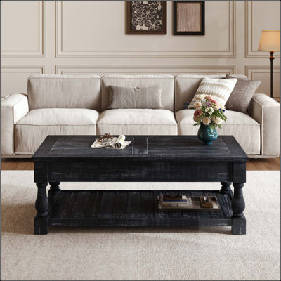 Farmhouse Lift Top Coffee Table with Fixed Shelf and 3 Hidden Storage Trays