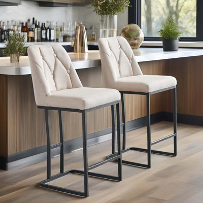 Set of 2,Modern Upholstered Bar Stool with Button-Tufted Backrest, Counter Height Chair with Sturdy Metal Frame, Comfortable Padded Seat for Kitchen, Bar, or Dining Room