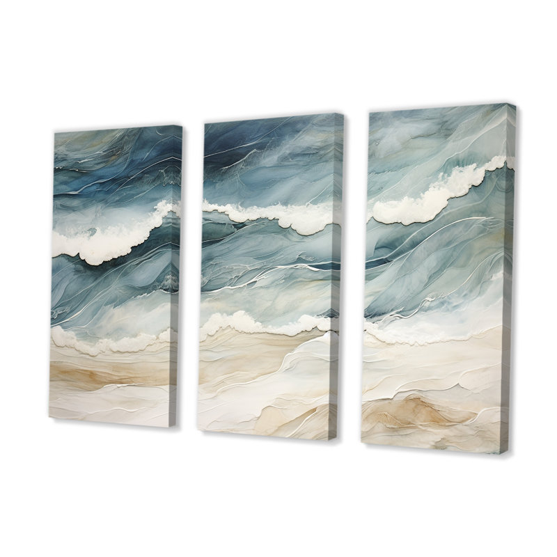Bleu moderne et beige sable, vue aérienne III - ensemble de reproduction d'art sur la plage côtière, Toile tendue