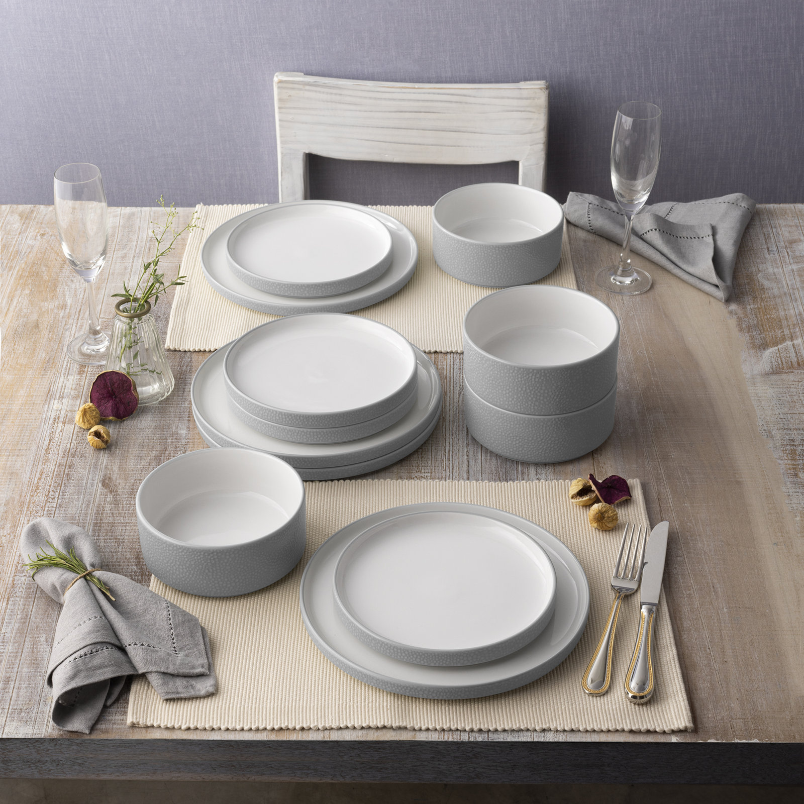 Colortex Stone Porcelain Dinnerware Set - Service for 4, Gray