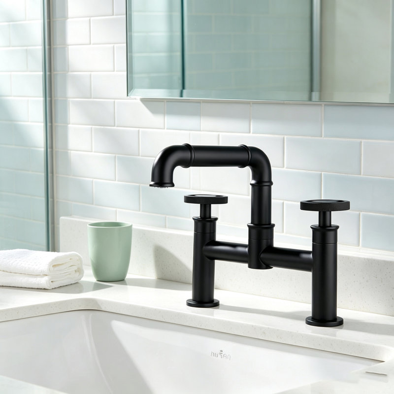 Industrial Pipe Style Two Handle Bridge Bathroom Sink Faucet with 360° Swivel Spout