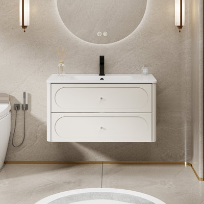 Meuble-lavabo mural avec comptoir intégré, meuble-lavabo flottant moderne peint à la main avec 2 tiroirs et bords arrondis