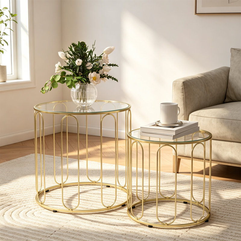 Set of 2 Glass-Top Coffee Tables, Gold Tone