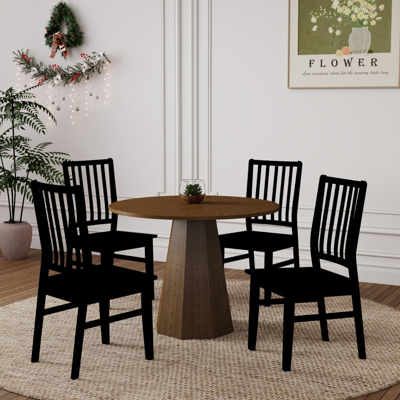 Round Dining Table Set, Mid Century Modern Small Round Dining Table Set, Black, Walnut