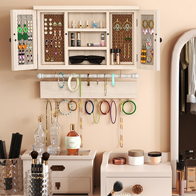 Rustic Jewelry Organizer Hanging X-cosrack Wall Mounted Mesh Jewelry Holder For Necklaces Earrings Bracelets Ring Holder With Removable Bracelet Rod Hooks Wooden Barn Decoration