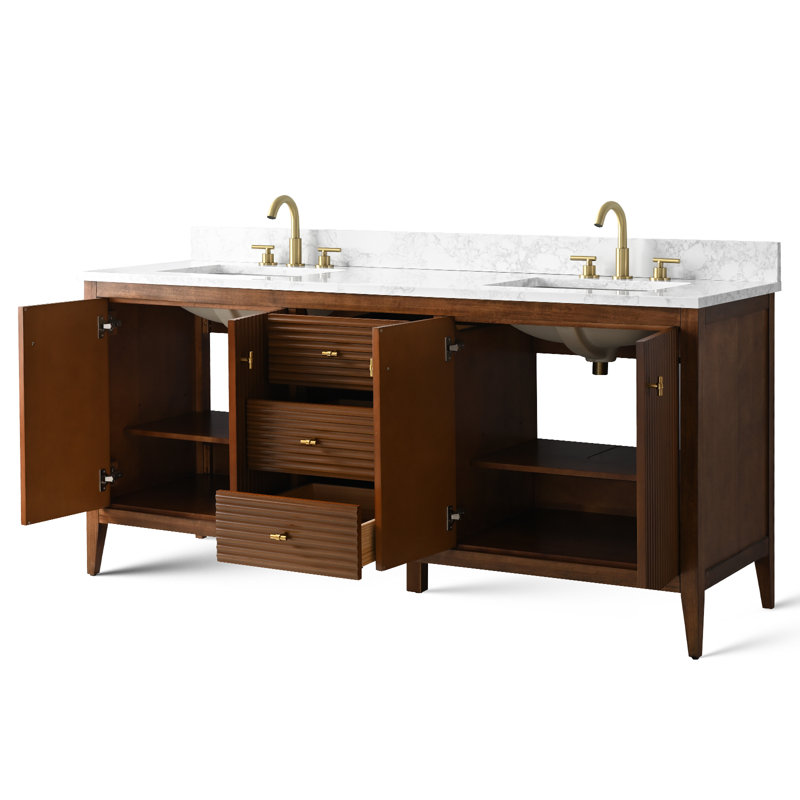 72'' Double Bathroom Vanity with Engineered Marble Top, Golden Brushed, Linear Walnut