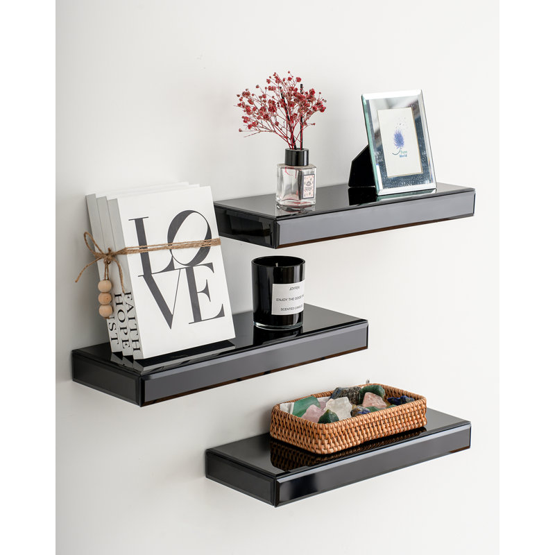 Alison 3 Piece Glass Floating Shelf, Black, 6