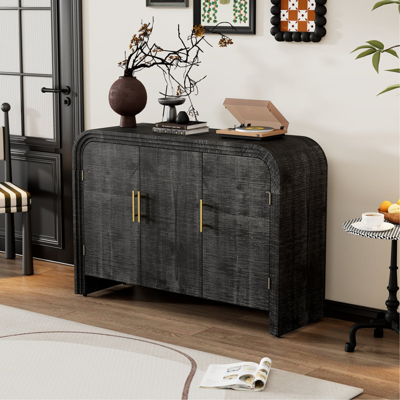 Retro Minimalist Curved Sideboard With Gold Handles And Adjustable Dividers For Living Room Or Dining Room (Antique Black)