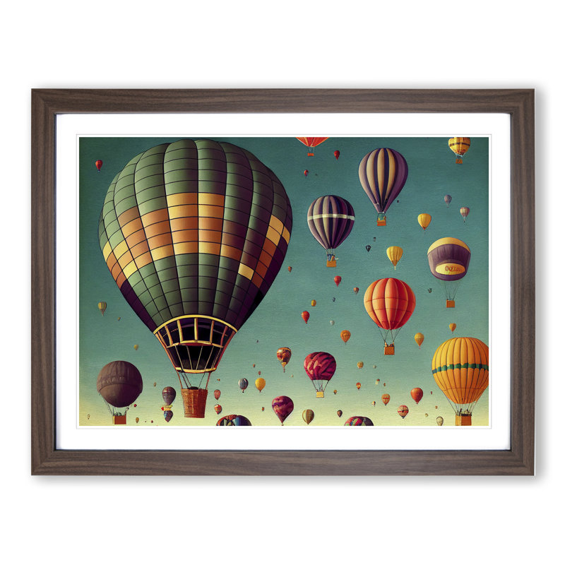 Retro Hot Air Balloons - Single Picture Frame Painting, 46cm H x 64cm W x 2cm D, Walnut Framed