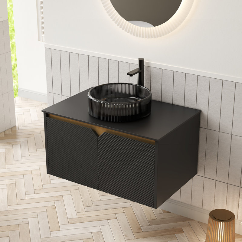 30" Bathroom Vanity&Sink, Wall-Mounted Floating Plywood Storage Cabinet, Twill Double Doors With Metal Trim, Transparent Black Round Glass Basin&Black Sintered Stone Top, Black