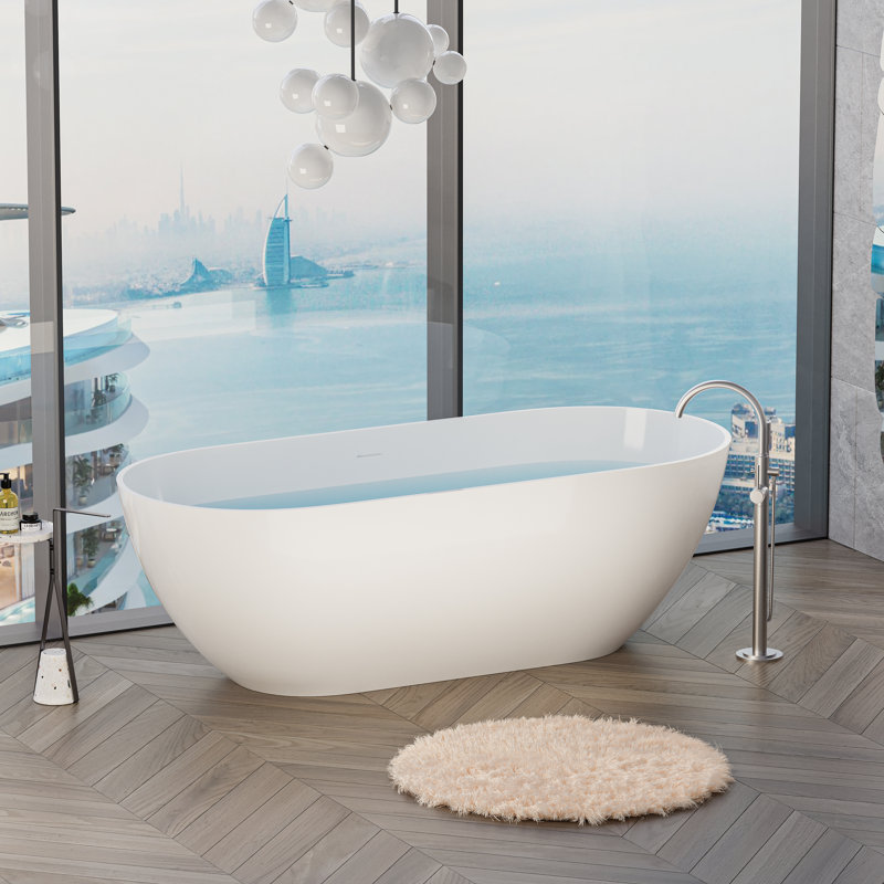 63" x 29.5" Freestanding Solid Surface Bathtub Stone Resin with Overflow and Pop-up Drain, Glossy White, Glossy White