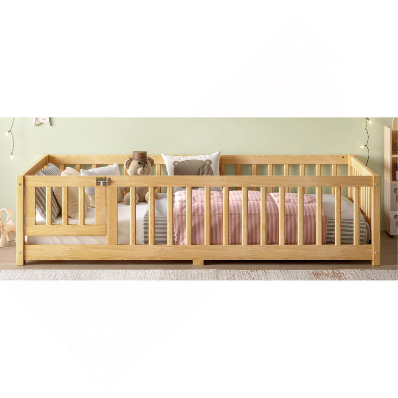 Lit au sol avec garde-corps et porte pour enfants, Naturel, Lit simple