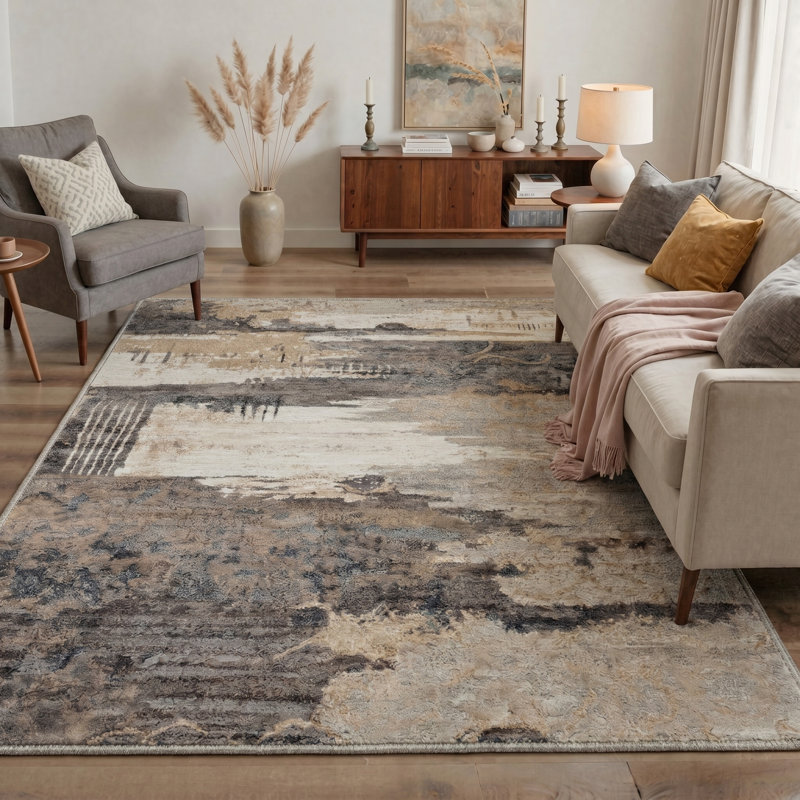 Abdul Abstract Landscape Machine Washable Taupe Indoor Area Rug With Non-Slip Backing, Taupe, Rectangle 9' x 12'