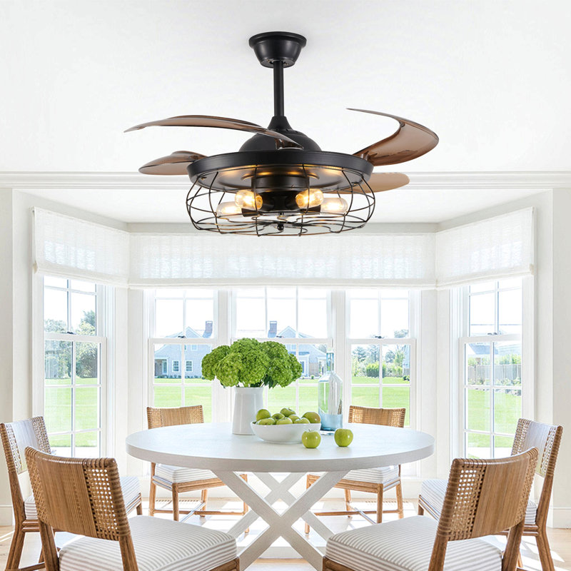 48" Black Remote Control Ceiling Fan Light – Industrial 4-Blade Fan With Cage Design And Adjustable Speed For Living Room, Bedroom, Or Office (Silent/6-Speed/Reversible/Dc Motor)  (Bulb Not Included)