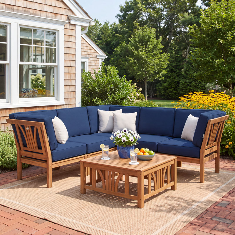 Malena Teak Outdoor Seating Group with Cushions, Navy