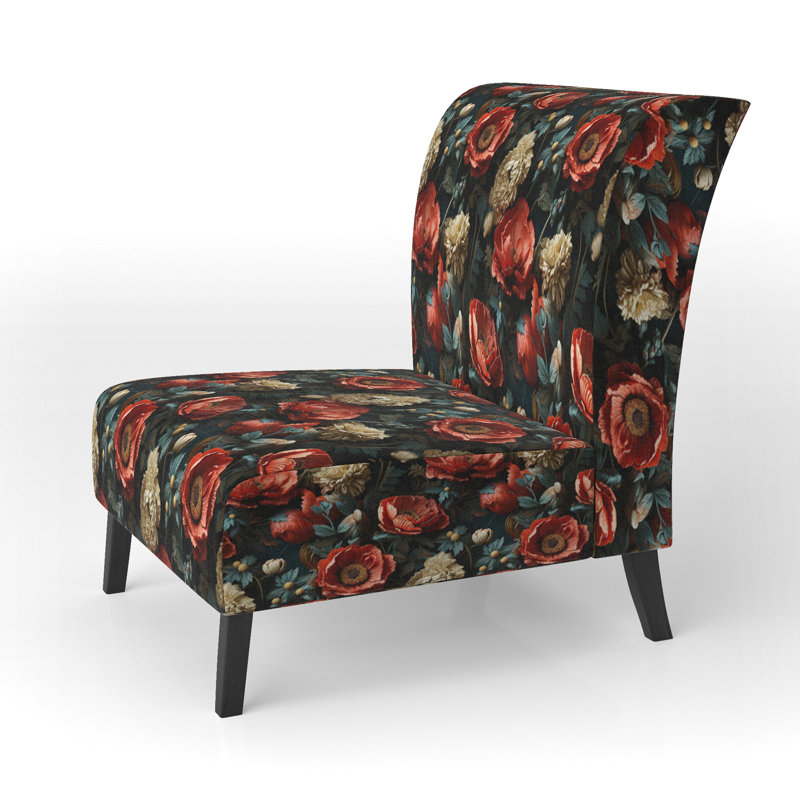 Fauteuil de chambre rembourré rouge foncé et beige à motif floral Blooms IV