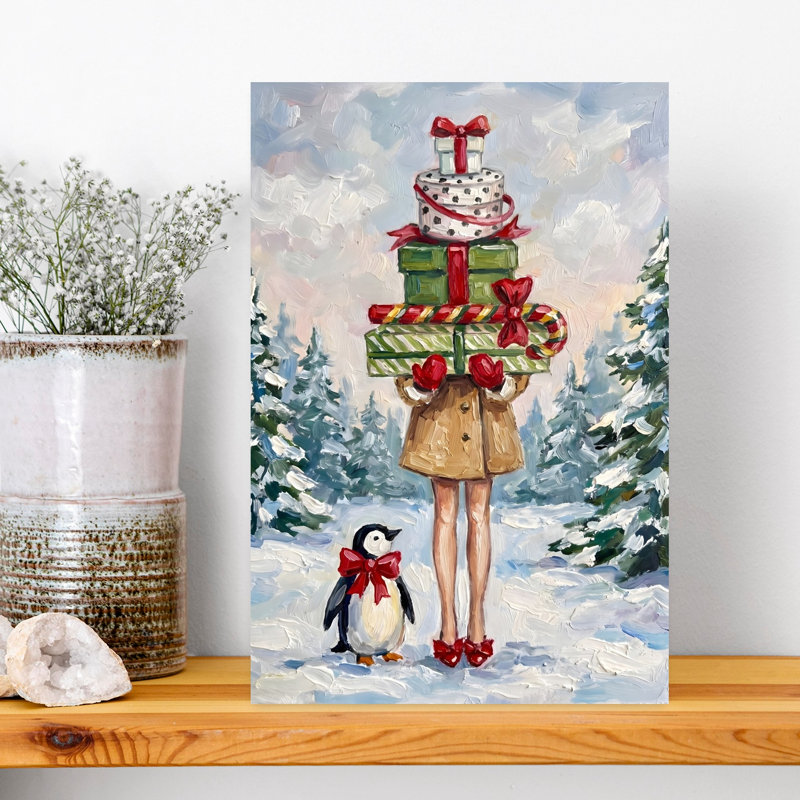 Holiday Walk With Penguin Whimsical Abstract Contemporary Penguin Forest Winter Wall Art Print 1 Piece Wrapped Canvas Wall Art